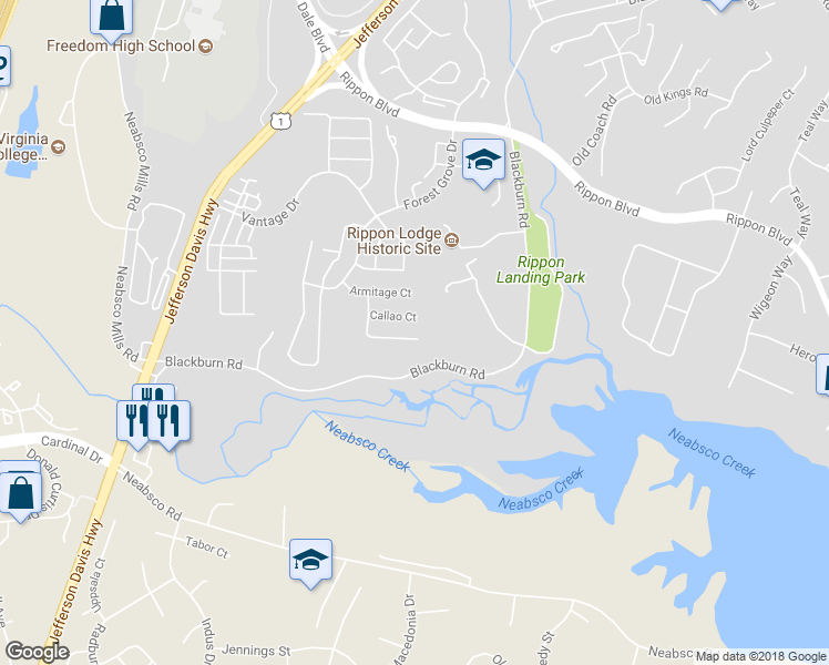map of restaurants, bars, coffee shops, grocery stores, and more near 15693 William Bayliss Court in Woodbridge