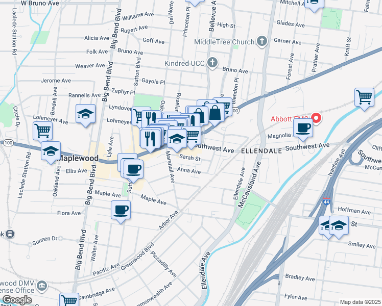 map of restaurants, bars, coffee shops, grocery stores, and more near 7260 Southwest Avenue in Maplewood