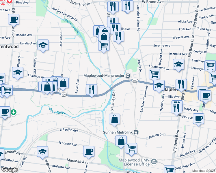 map of restaurants, bars, coffee shops, grocery stores, and more near 7975 Manchester Road in Maplewood