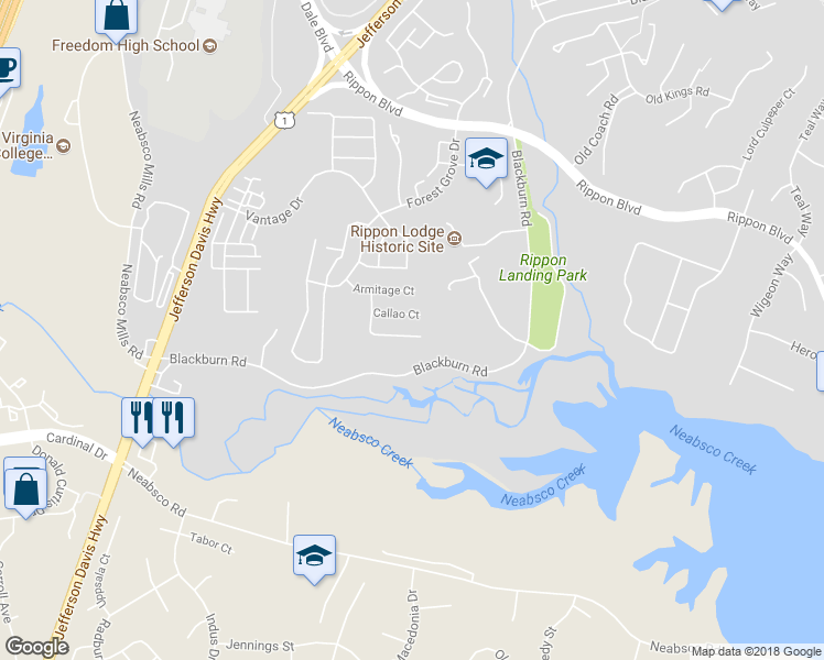 map of restaurants, bars, coffee shops, grocery stores, and more near 15689 William Bayliss Court in Woodbridge