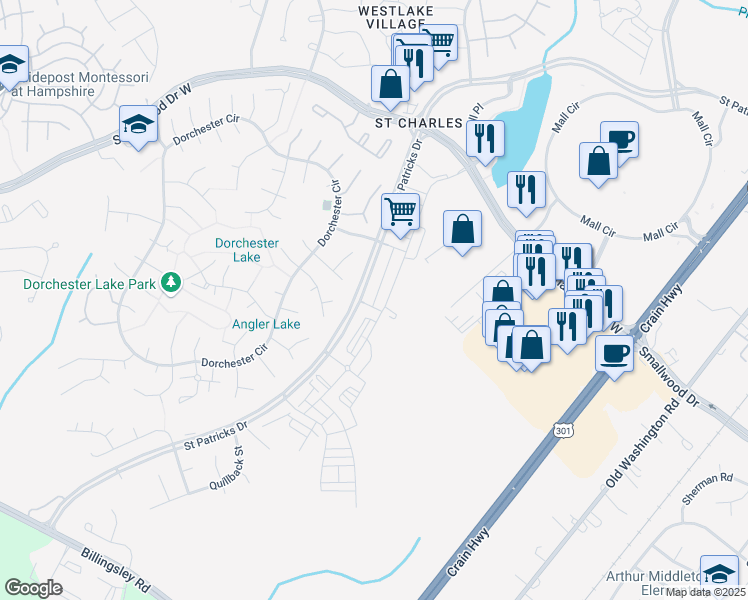 map of restaurants, bars, coffee shops, grocery stores, and more near 3560 Malvern Street in Saint Charles