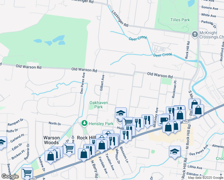 map of restaurants, bars, coffee shops, grocery stores, and more near 1220 Oakleaf Drive in Saint Louis