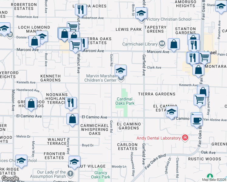 map of restaurants, bars, coffee shops, grocery stores, and more near 2634 Gunn Road in Carmichael