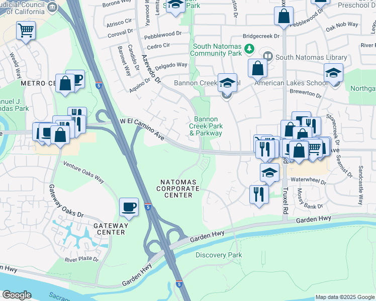 map of restaurants, bars, coffee shops, grocery stores, and more near 2020 West El Camino Avenue in Sacramento
