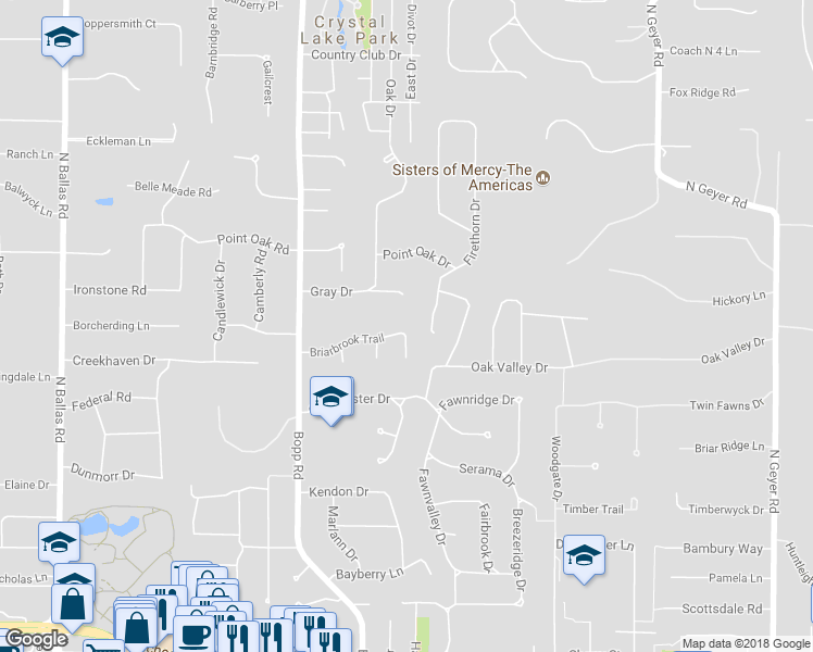 map of restaurants, bars, coffee shops, grocery stores, and more near 13 Briarbrook Trail in Des Peres