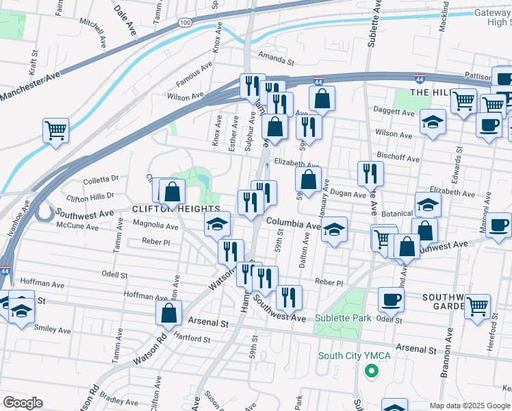 map of restaurants, bars, coffee shops, grocery stores, and more near 2515 Hampton Avenue in St. Louis