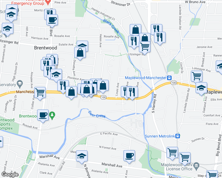 map of restaurants, bars, coffee shops, grocery stores, and more near 2640 Salem Rd in St Louis