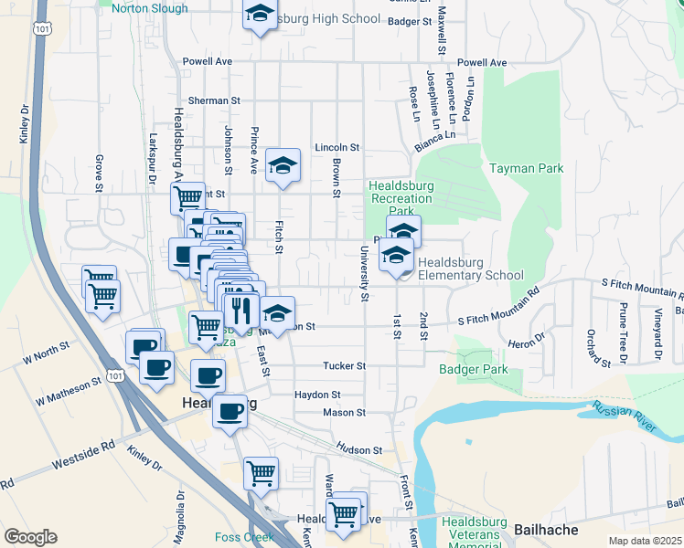 map of restaurants, bars, coffee shops, grocery stores, and more near 409 North Street in Healdsburg