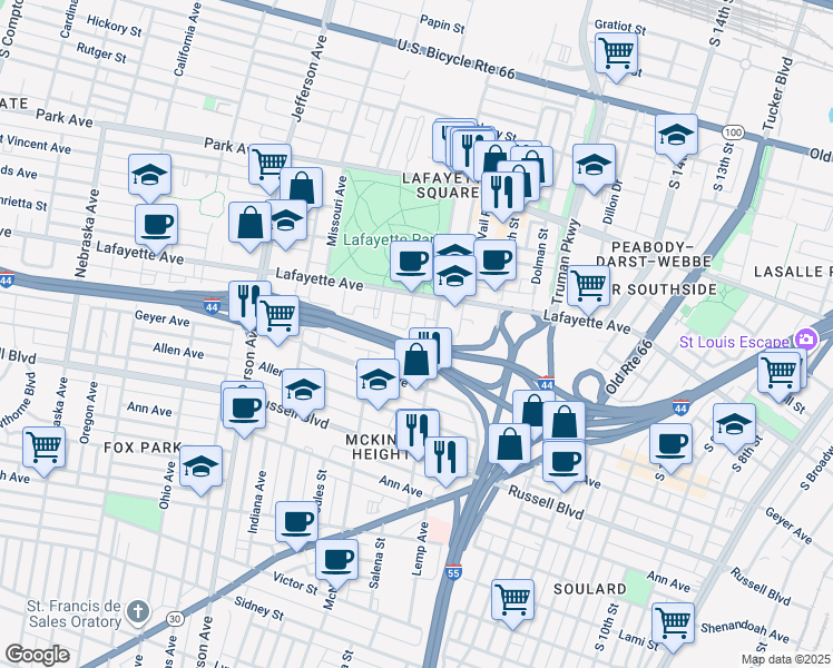 map of restaurants, bars, coffee shops, grocery stores, and more near 2002 Lafayette Avenue in St. Louis