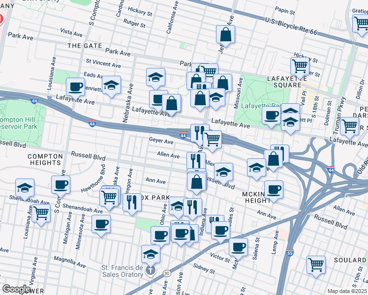 map of restaurants, bars, coffee shops, grocery stores, and more near 2652 Geyer Avenue in St. Louis
