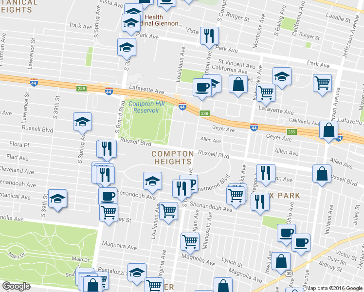 map of restaurants, bars, coffee shops, grocery stores, and more near 3314 Russell Boulevard in St. Louis