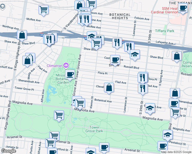 map of restaurants, bars, coffee shops, grocery stores, and more near 4162 Flora Place in St. Louis