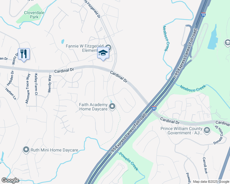 map of restaurants, bars, coffee shops, grocery stores, and more near 15639 Habitat Court in Woodbridge