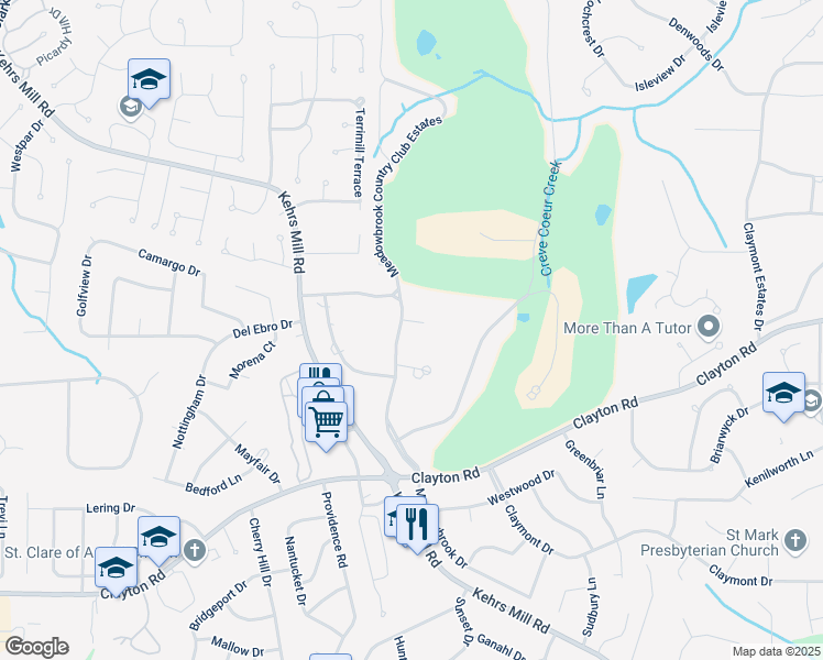 map of restaurants, bars, coffee shops, grocery stores, and more near 20 Meadowbrook Country Club Estates in Ballwin