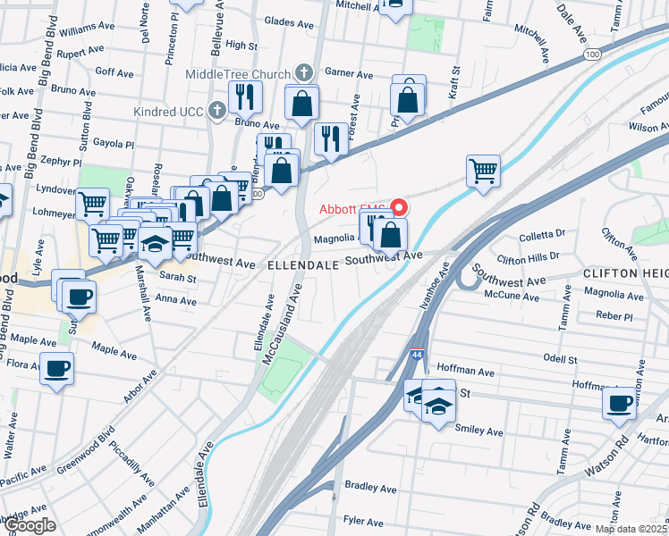 map of restaurants, bars, coffee shops, grocery stores, and more near 6870 Southwest Avenue in St. Louis