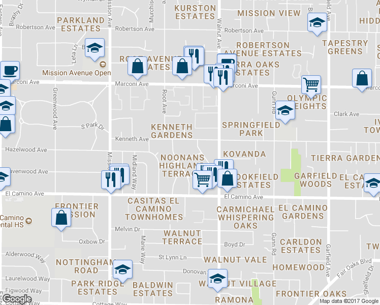map of restaurants, bars, coffee shops, grocery stores, and more near 4971 Francis Way in Carmichael