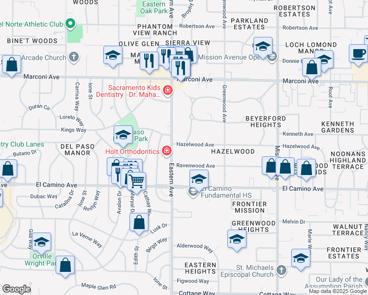 map of restaurants, bars, coffee shops, grocery stores, and more near 4308 Hazelwood Avenue in Sacramento