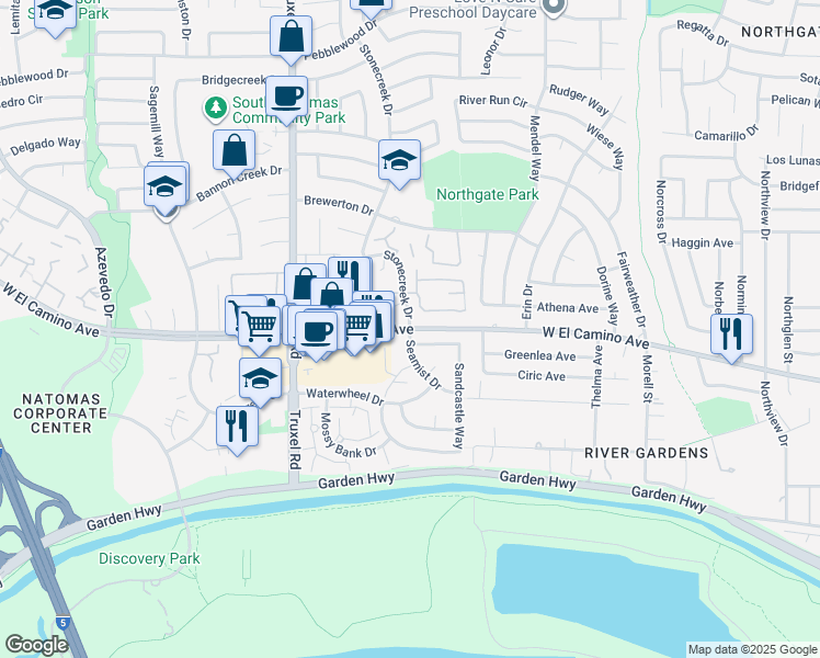 map of restaurants, bars, coffee shops, grocery stores, and more near W El Camino Ave & Sea Mist Dr in Sacramento