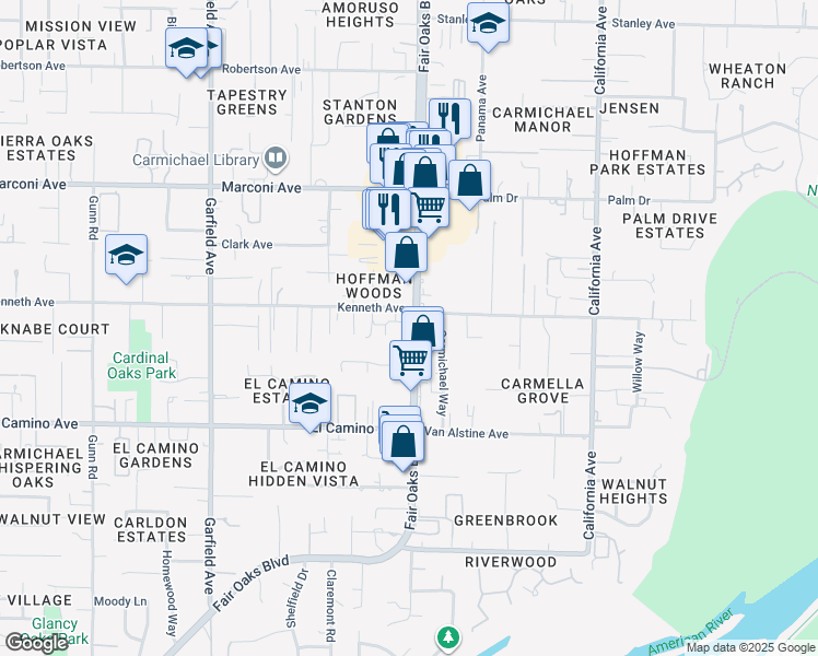 map of restaurants, bars, coffee shops, grocery stores, and more near 6145 Fair Oaks Boulevard in Carmichael
