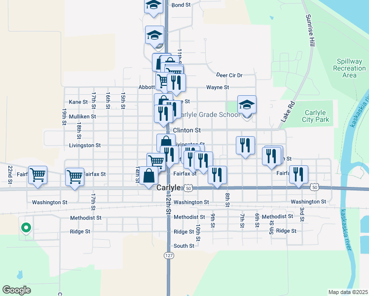 map of restaurants, bars, coffee shops, grocery stores, and more near 790 11th Street in Carlyle