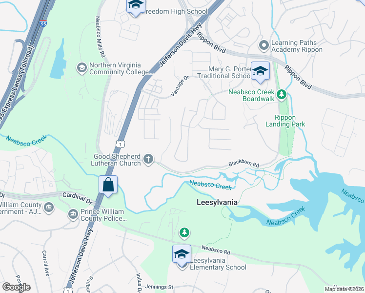 map of restaurants, bars, coffee shops, grocery stores, and more near 2341 Battery Hill Circle in Woodbridge