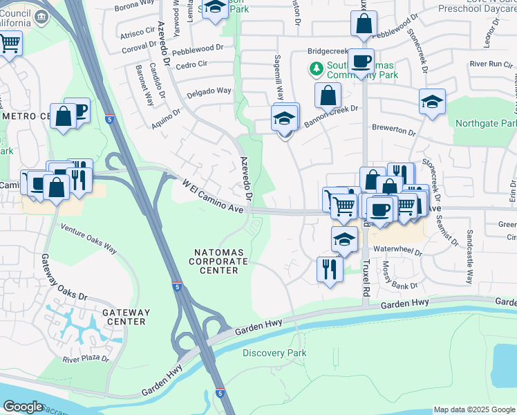 map of restaurants, bars, coffee shops, grocery stores, and more near 1975 West El Camino Avenue in Sacramento