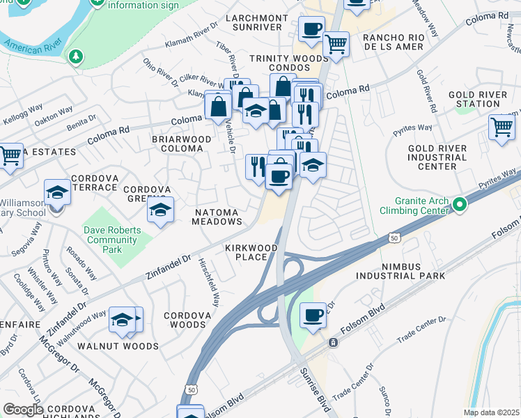 map of restaurants, bars, coffee shops, grocery stores, and more near 1971 Zinfandel Drive in Rancho Cordova