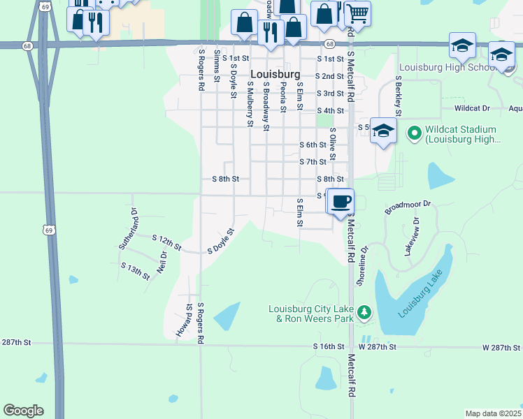 map of restaurants, bars, coffee shops, grocery stores, and more near 908 South Broadway Street in Louisburg