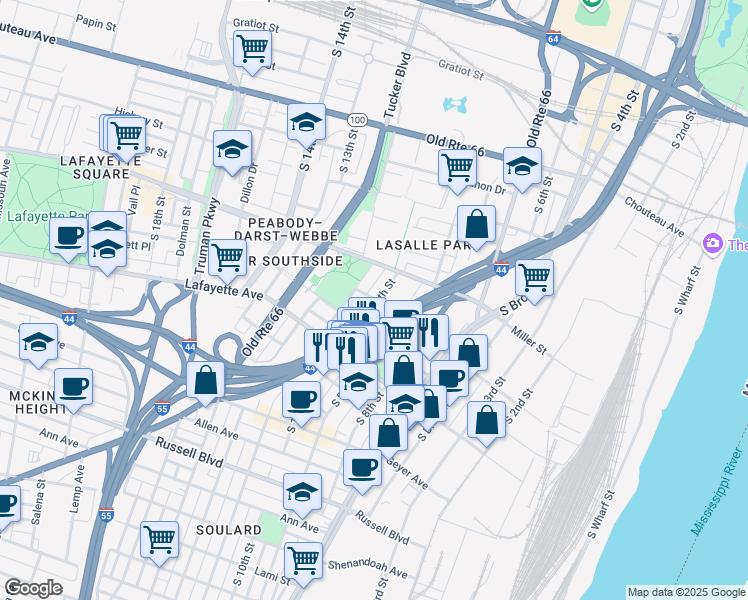 map of restaurants, bars, coffee shops, grocery stores, and more near 1014 Marion Street in St. Louis