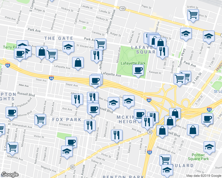 map of restaurants, bars, coffee shops, grocery stores, and more near 1852 Missouri Avenue in St. Louis