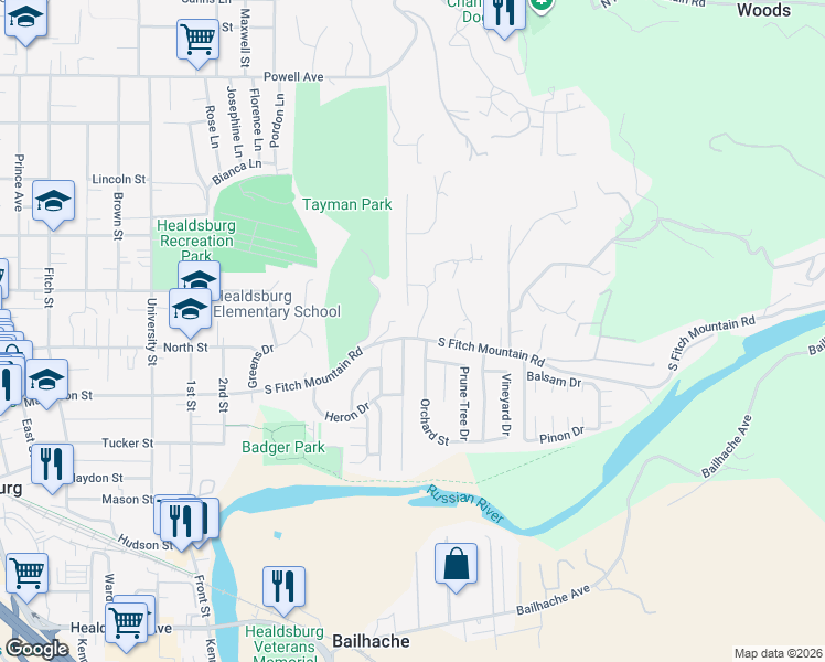 map of restaurants, bars, coffee shops, grocery stores, and more near 963 South Fitch Mountain Road in Healdsburg