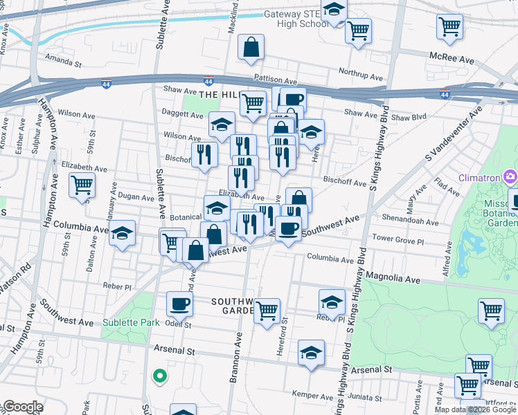 map of restaurants, bars, coffee shops, grocery stores, and more near 5226 Elizabeth Avenue in St. Louis