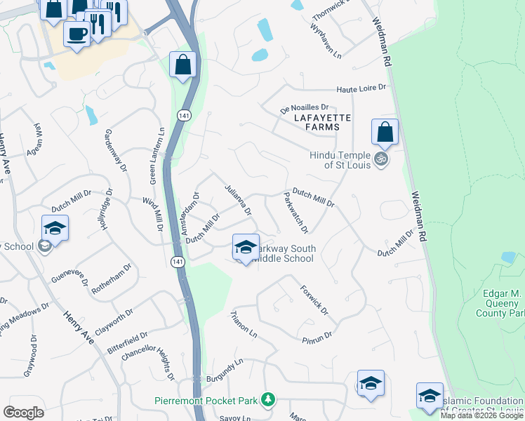 map of restaurants, bars, coffee shops, grocery stores, and more near 906 Julianna Drive in Ballwin