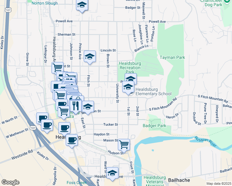 map of restaurants, bars, coffee shops, grocery stores, and more near 411 University Street in Healdsburg