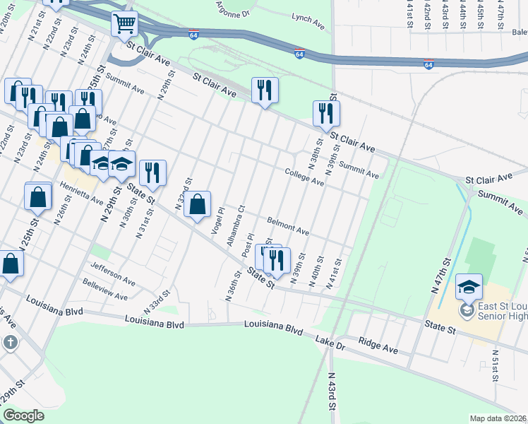 map of restaurants, bars, coffee shops, grocery stores, and more near 706 Post Place in East St. Louis