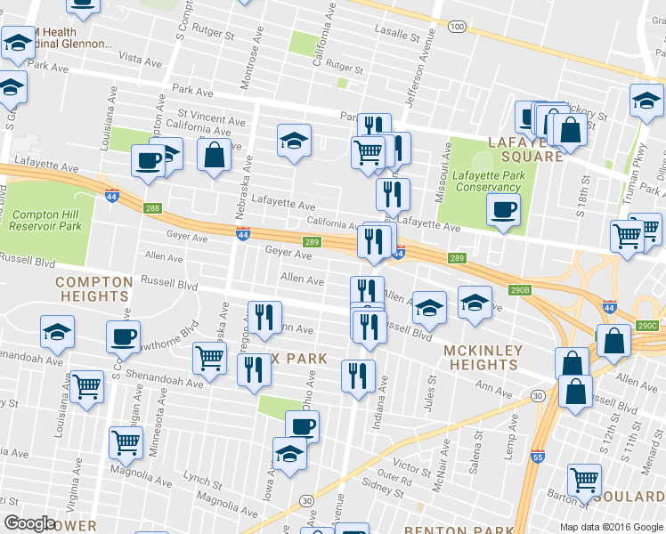 map of restaurants, bars, coffee shops, grocery stores, and more near 2652 Geyer Avenue in St. Louis