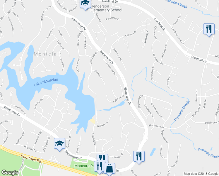 map of restaurants, bars, coffee shops, grocery stores, and more near 15686 Thistle Court in Dumfries