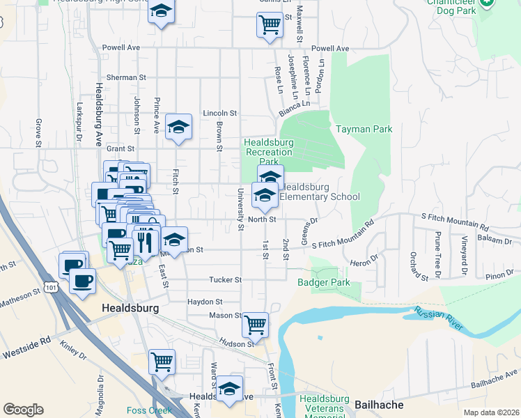 map of restaurants, bars, coffee shops, grocery stores, and more near 411 1st Street in Healdsburg