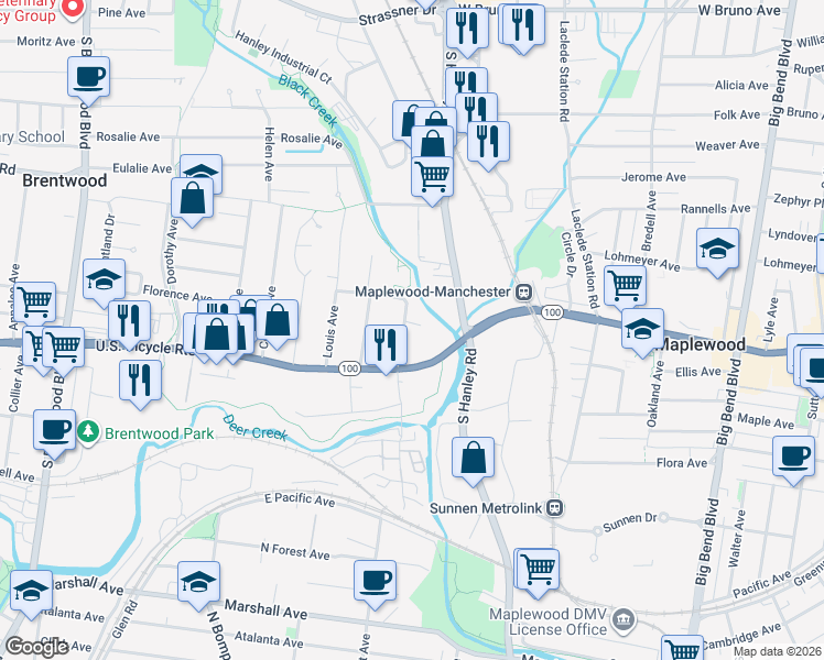 map of restaurants, bars, coffee shops, grocery stores, and more near 2628 Porter Avenue in Brentwood