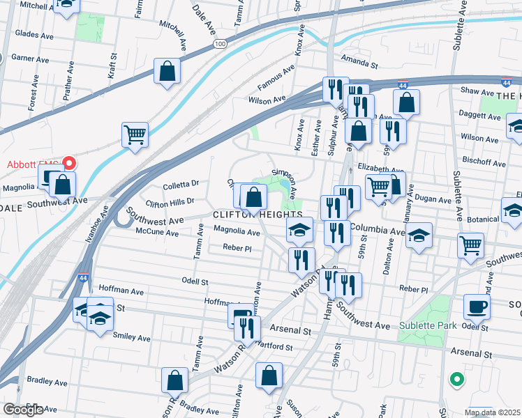 map of restaurants, bars, coffee shops, grocery stores, and more near 6165 Columbia Avenue in St. Louis