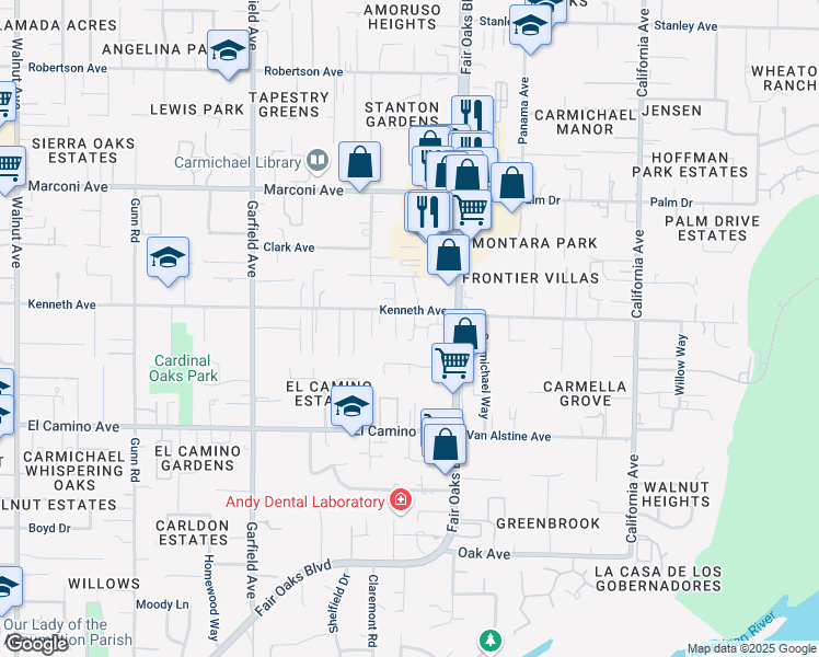 map of restaurants, bars, coffee shops, grocery stores, and more near 2635 Marie Ann Lane in Carmichael