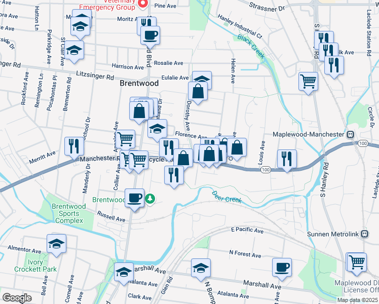 map of restaurants, bars, coffee shops, grocery stores, and more near 5 Van Mark Way in Brentwood
