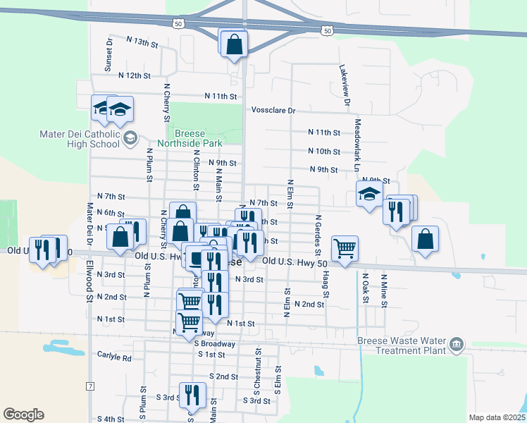 map of restaurants, bars, coffee shops, grocery stores, and more near 665 North Chestnut Street in Breese