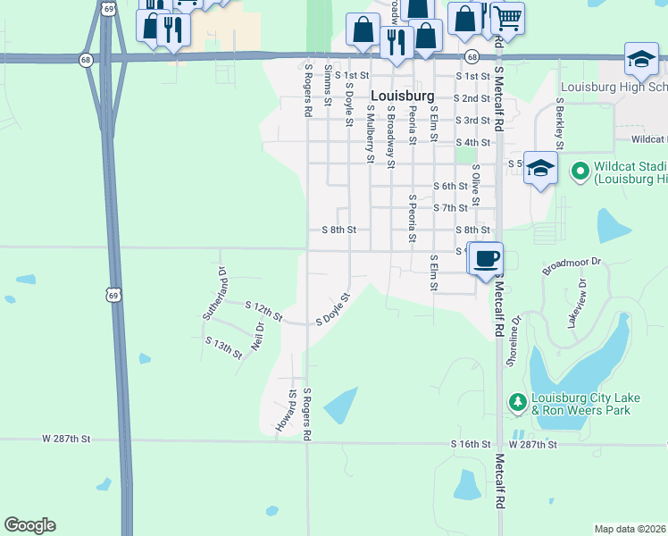 map of restaurants, bars, coffee shops, grocery stores, and more near 804 South 10th Street in Louisburg