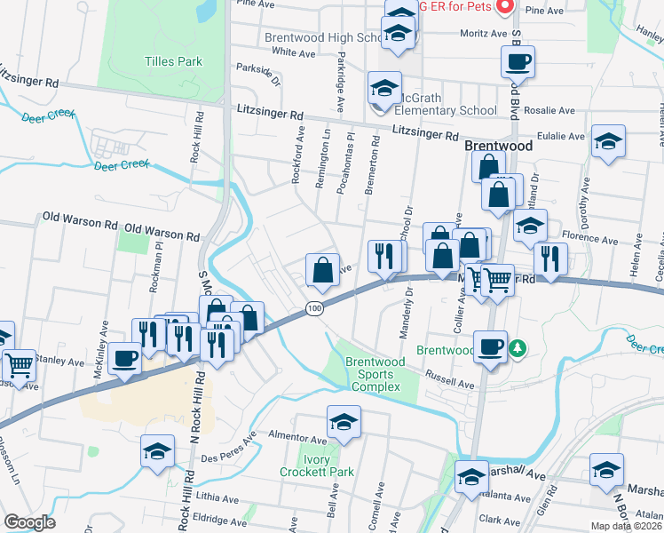 map of restaurants, bars, coffee shops, grocery stores, and more near 9213 Merritt Avenue in St. Louis