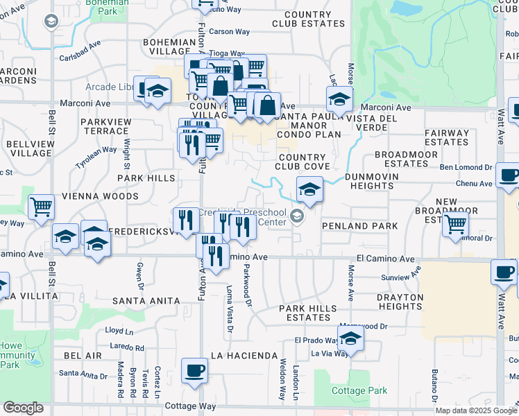 map of restaurants, bars, coffee shops, grocery stores, and more near 2740 Elvyra Way in Sacramento