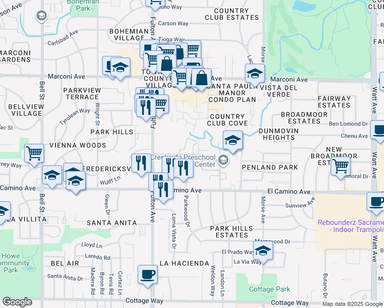 map of restaurants, bars, coffee shops, grocery stores, and more near 2740 Elvyra Way in Sacramento