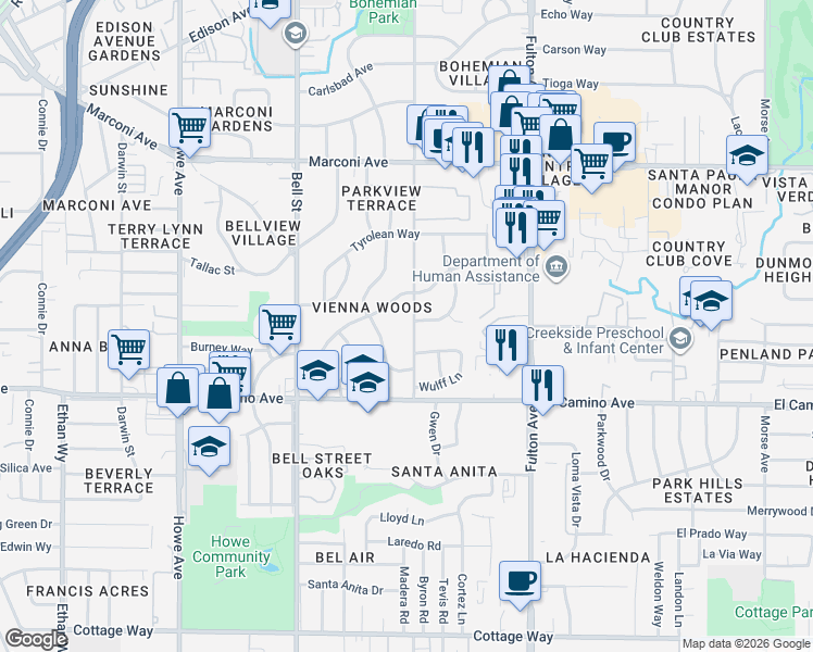 map of restaurants, bars, coffee shops, grocery stores, and more near 2610 Danube Drive in Sacramento