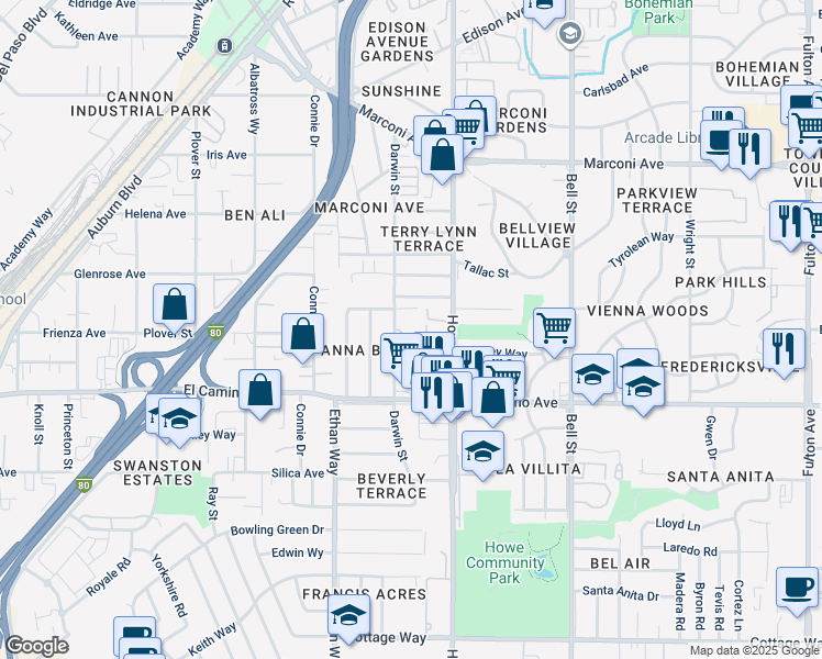 map of restaurants, bars, coffee shops, grocery stores, and more near 2594 Darwin Street in Sacramento