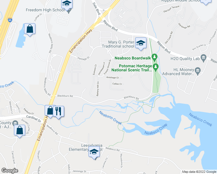 map of restaurants, bars, coffee shops, grocery stores, and more near 15632 William Bayliss Court in Woodbridge
